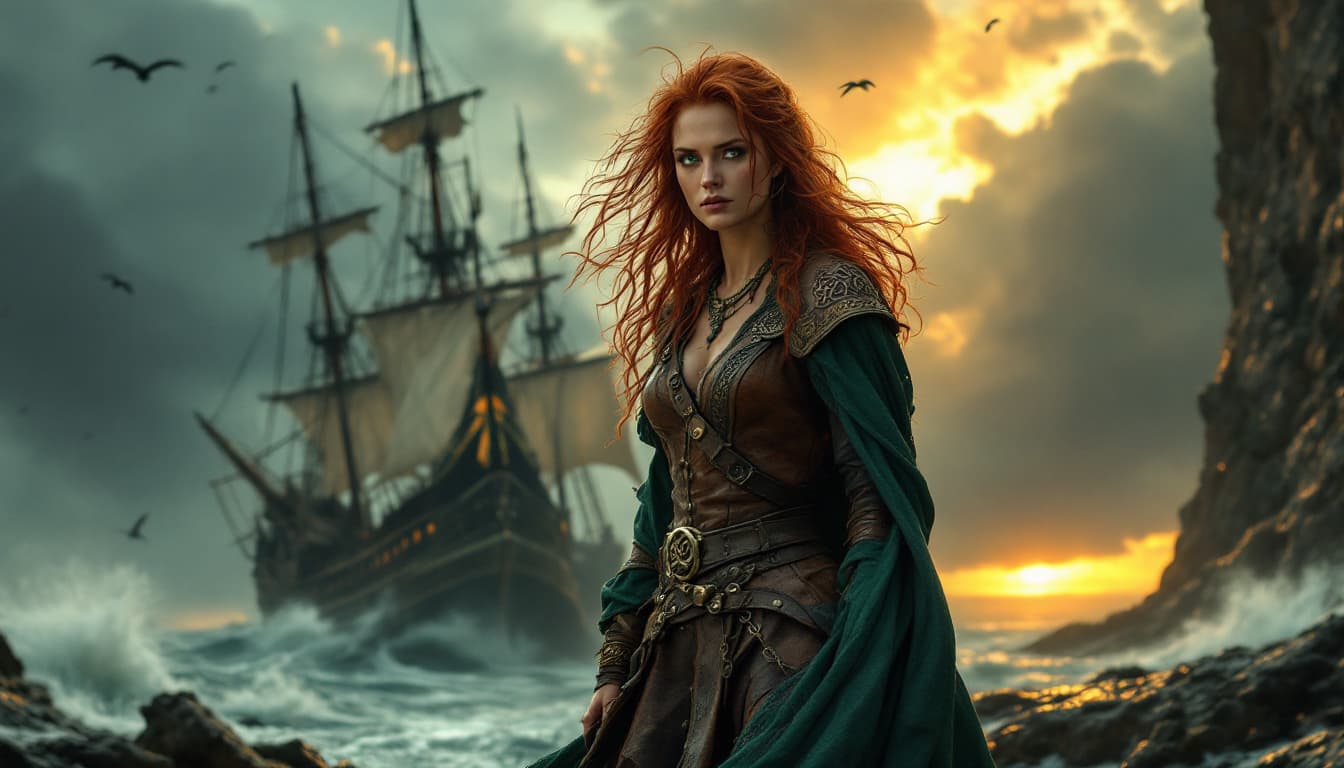 AI generated: Gráinne O'Malley, the legendary Irish pirate queen, stands defiantly at her rugged sea port, her sta...