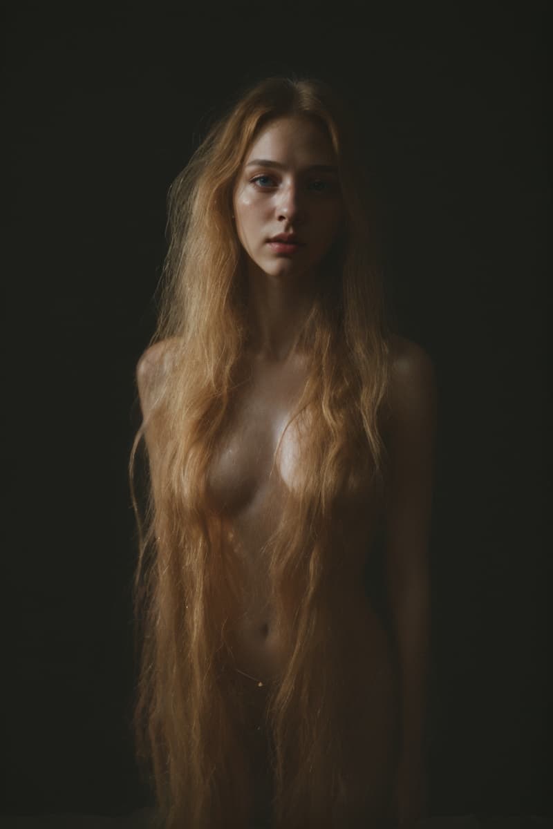 AI generated: full body photo of a young ethereal woman with flowing long (messy:1.1) golden (blonde:1.2) hair tha...