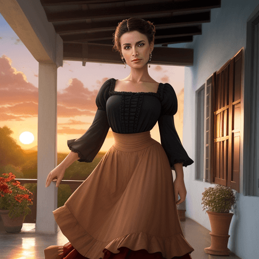 AI generated: woman, flamenco dancer, brunette, updo hair, wide skirt, in a porch, sunset light, 19th century