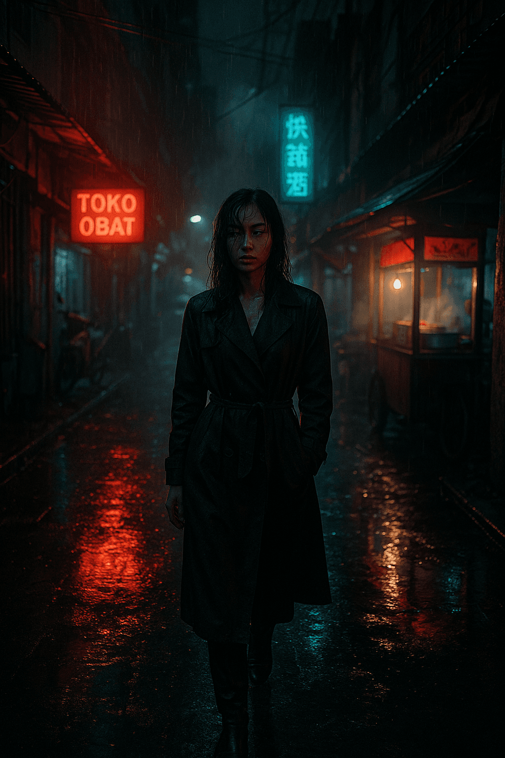 AI generated: mysterious Southeast Asian woman walking alone down a narrow rain-soaked Jakarta alley at night, bla...