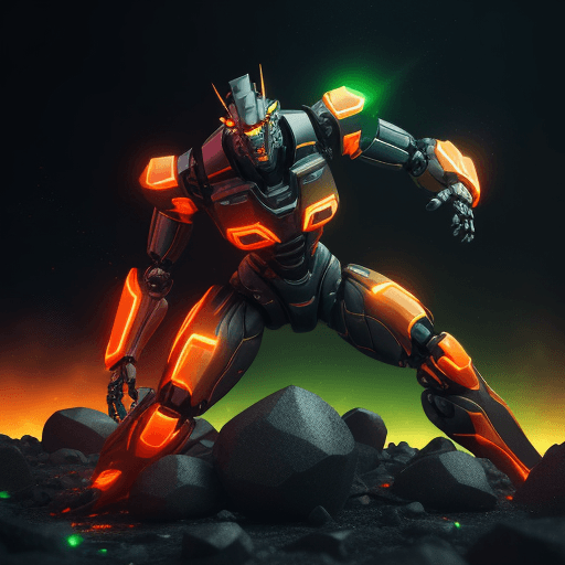 AI generated: 3d rendering, robot falling down from sky around falling burning rocks, wide view, full-body, neon g...