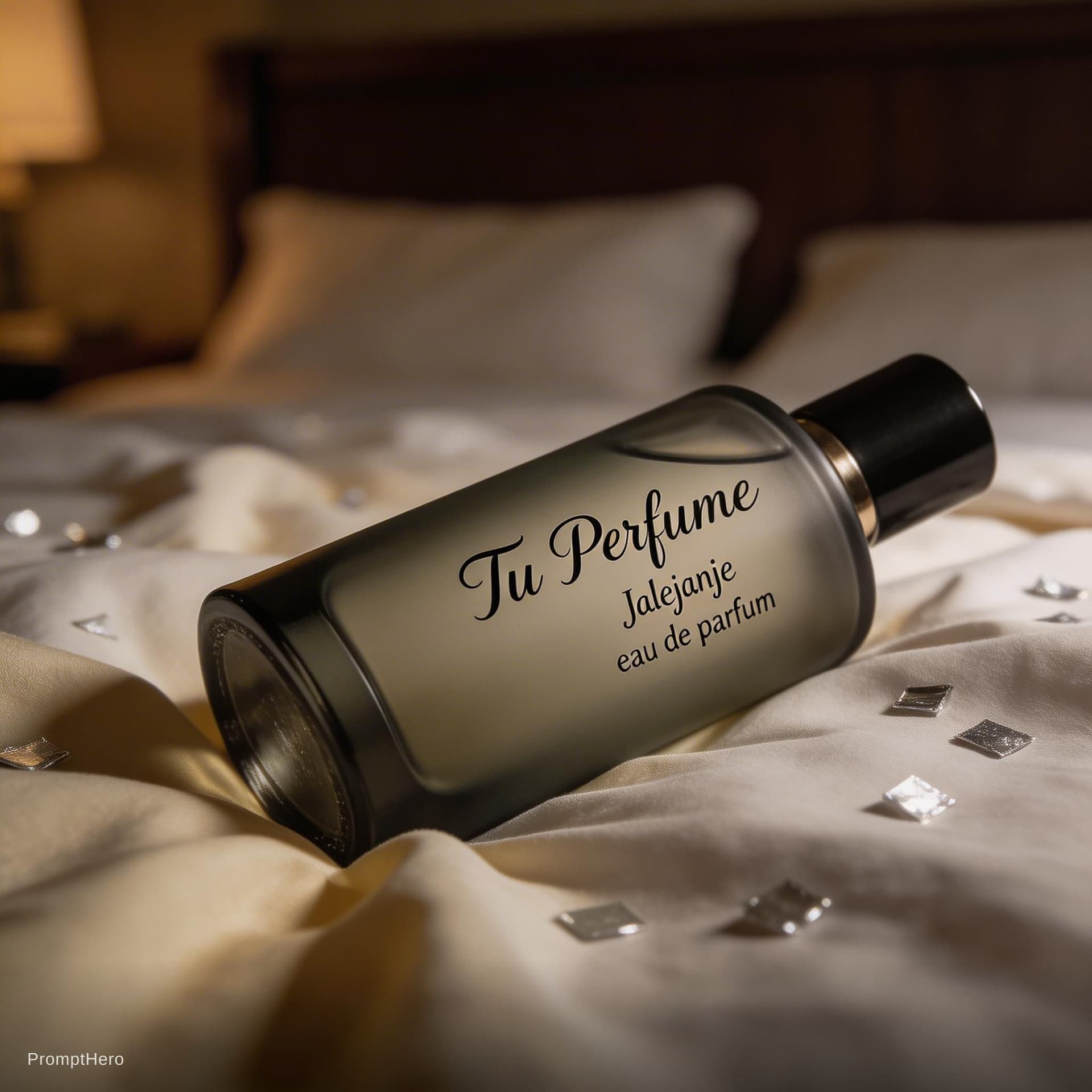 AI generated: Depressive sad perfume bottle, write "Tu Perfume" by Jalejanje eau de parfum, lying on bed hotel aft...