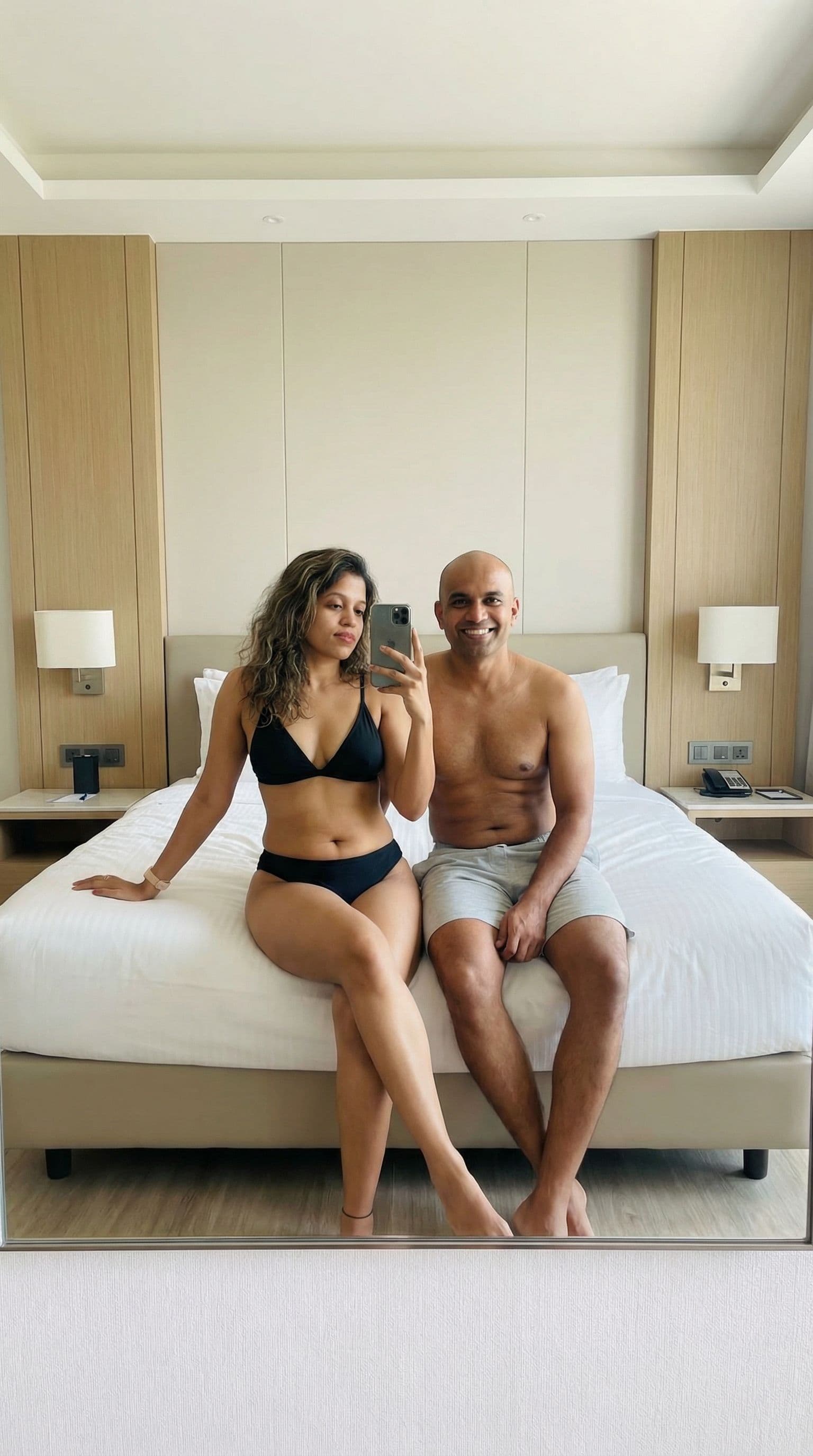 AI generated: {
  "scene": {
    "setting": "Modern hotel room",
    "background_details": {
      "furniture": "L...