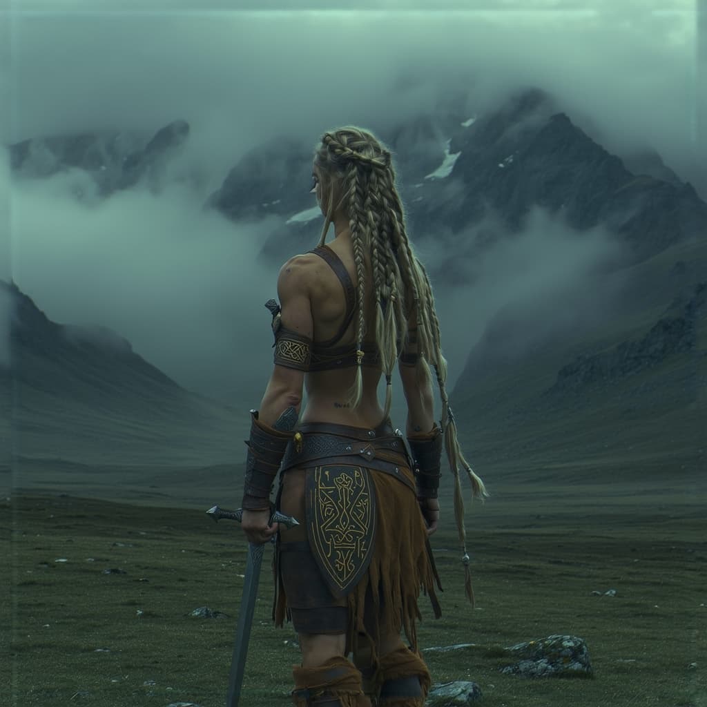 AI generated: In this enhanced scene, the Viking woman stands at the forefront of a breathtaking natural setting, ...