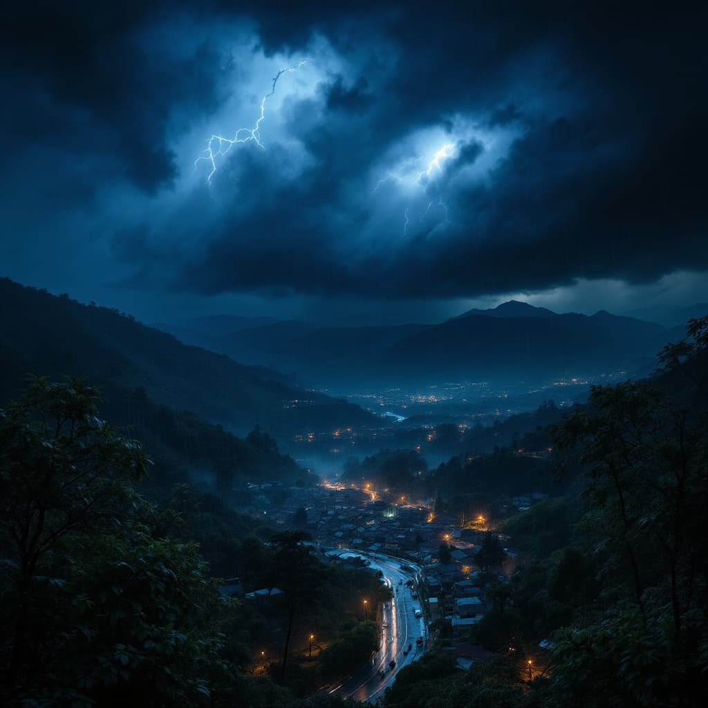 AI generated: A dark and stormy time of night, the scene is extremely dark, heavy monsoon rain is coming from a ma...