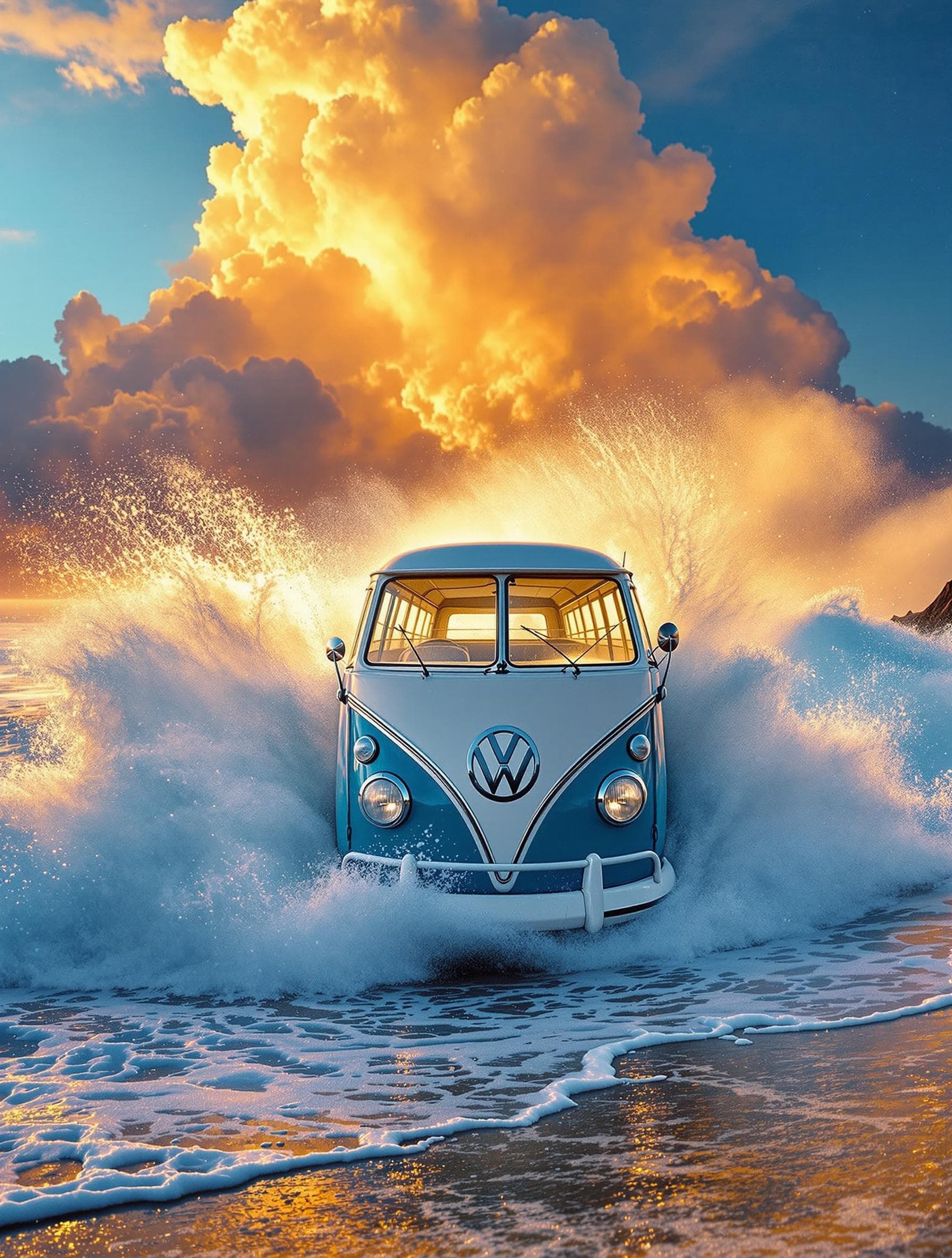 AI generated:  A high contrast art photo , portrait view, facing directly in front of the camera, of a Classic Vw ...