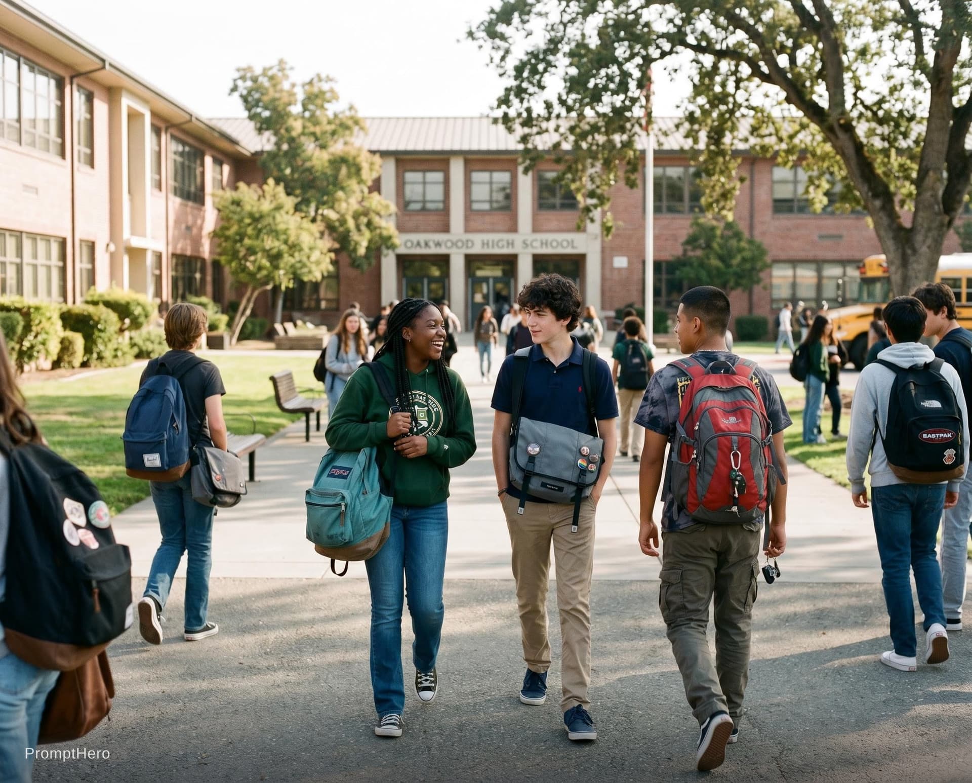 AI generated: School bags with students in School campus 