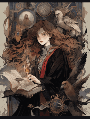 AI generated: Hermione from Harry Potter, confident spellcasting stance with wand releasing magic behind, rich col...