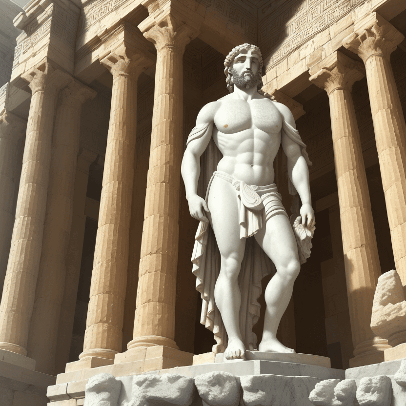 AI generated: fine detailed pointillism painting + low-angle view, hyper-realistic, classical architecture, ancien...