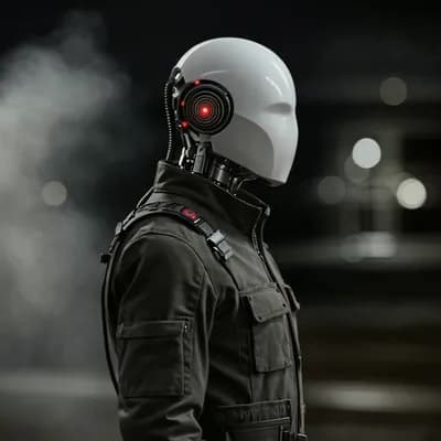 AI generated video: Cinematic side profile shot of a humanoid cyborg figure wearing a dark gray 
tactical coat, standing...