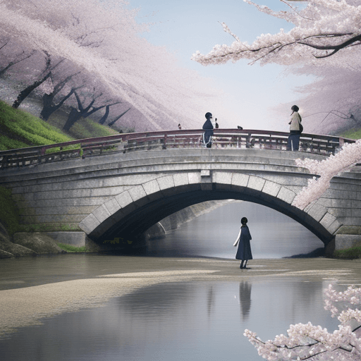 AI generated: two people walk the bridge under a large cherry blossom, in the style of atmospheric paintings, gray...