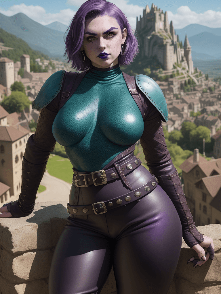 AI generated: D&D world, awkward pose, girl, arms crossed, looking over shoulder at camera, Sneering, purple lipst...