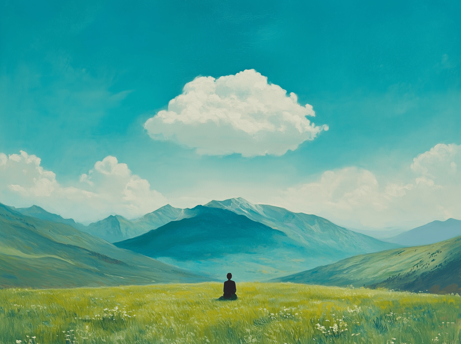 AI generated: n the distance, there is an isolated mountain range with green vegetation and a large white cloud fl...
