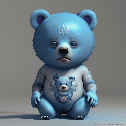AI generated: 3d image, funny cute blue baby bear with yakuza tatoo ,beauty eyes the character is whole, white bac...