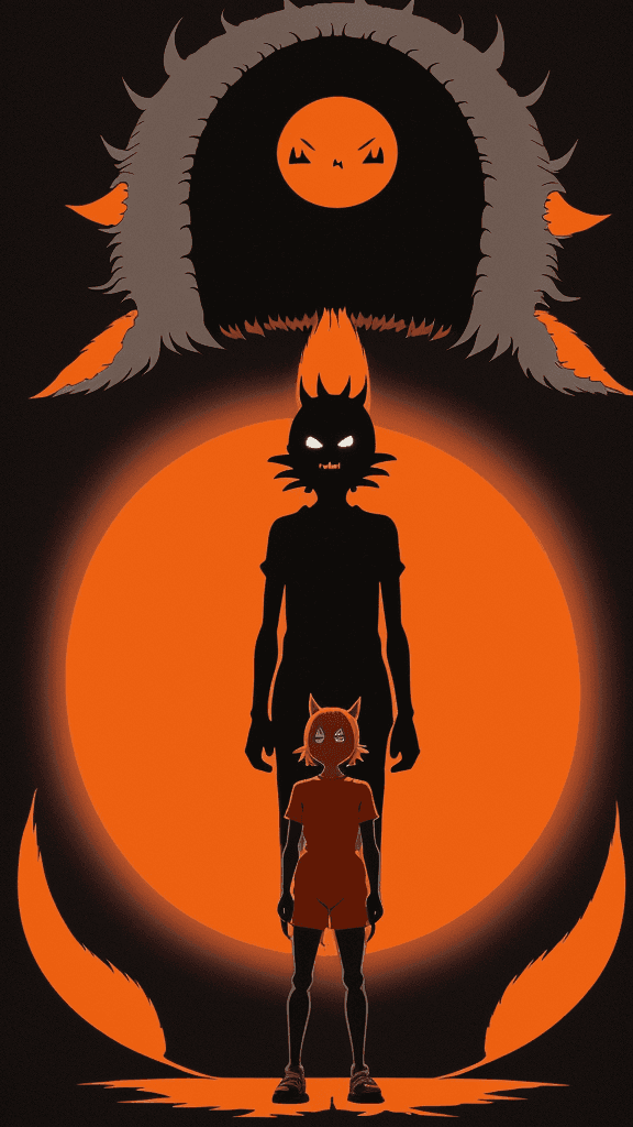 AI generated: evil Studio Ghibli 16k4d rfktrstyle"orange In a paranoid  pose in a unsettling background" --chaos 4...