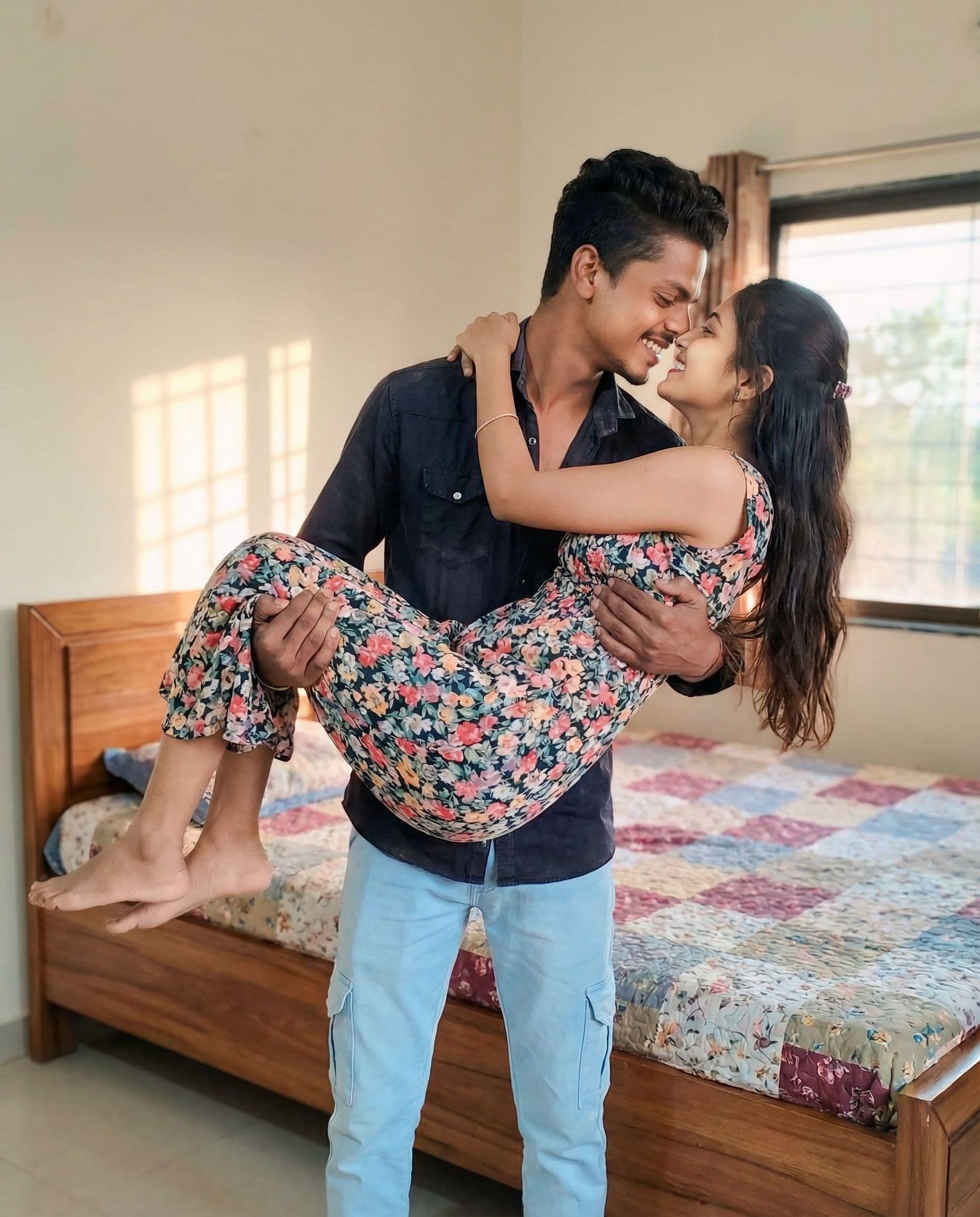 AI generated: Ye ladka us ladki ko uthakar bed le jakar kis our romance karte hua