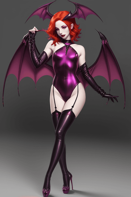 AI generated: Shamsiel Shahar, succubus, short wavy bright violet-red colored hair, bright red hair, shoulder leng...