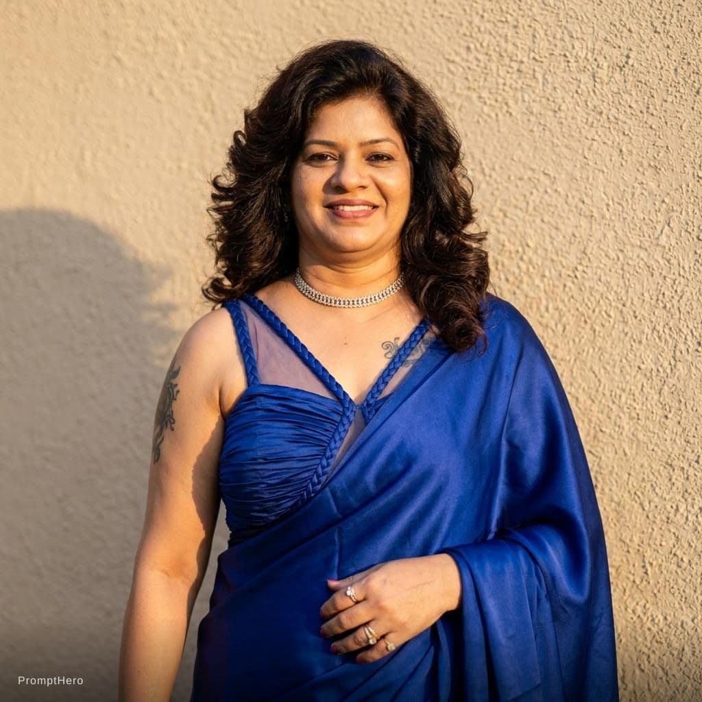 AI generated: Create image a beautiful gorgeous matured Indian woman with voluminous wavy dark hair posing in warm...