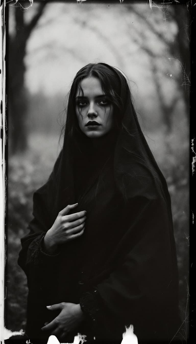 AI generated: woman, old polaroid photo, medieval, sad mood, b&w