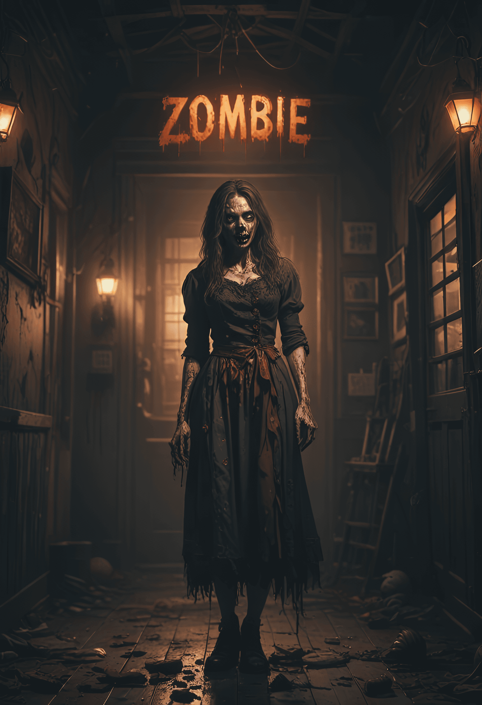 AI generated: zombie,rotten woman in a haunted house,dynamic lights,,gore,a sign with the bloody letters ." Zombie...