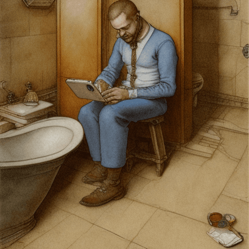 AI generated: art by Anton Pieck, Anton Pieck style, of a man with his trousers down sitting on the toilet reading...