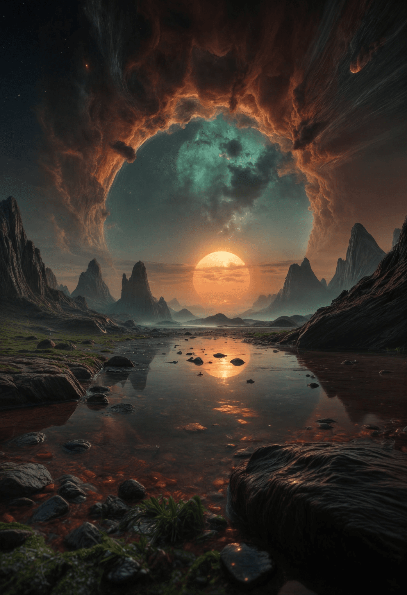 AI generated: epic alien  landscape ,fantasy, scifi,by jean ansell and greg rutkowski,coloured mist,rainbowcoloure...