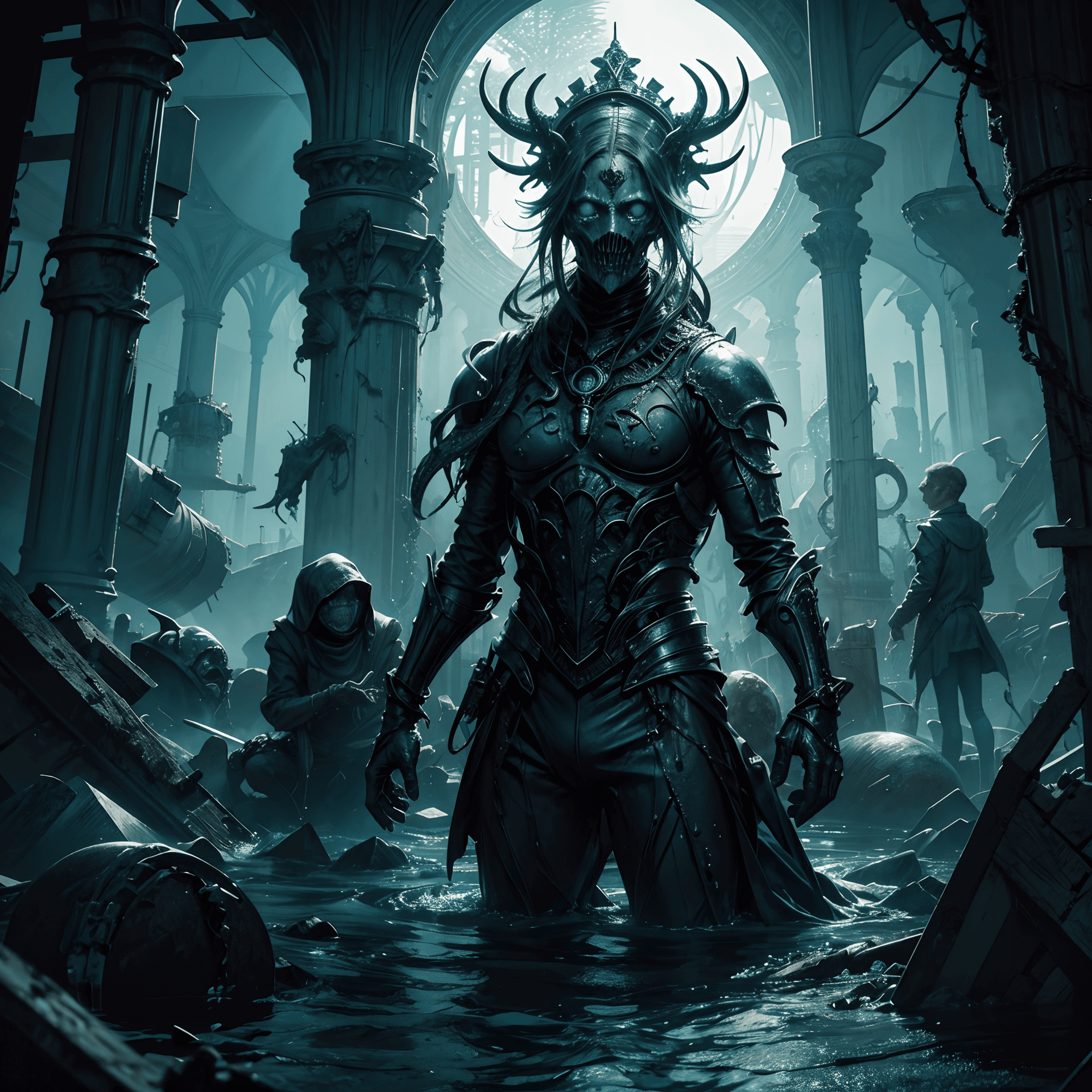 AI generated: Innsmouth,Coastal Town,Decaying Architecture,Eldritch Horror,Fish-like Inhabitants,Cosmic Terrors,Ma...