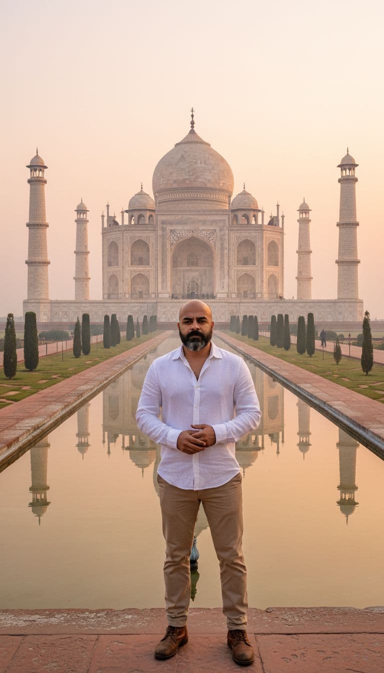 AI generated:  wide-angle shot of the Taj Mahal at sunrise, a man front of taj mahal, wearing a white linen shirt ...