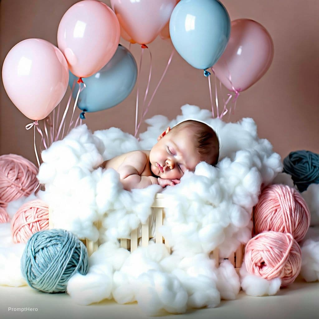 AI generated: create a image of a newborn in a super padded pink and blue crib with balloons around it with soft g...