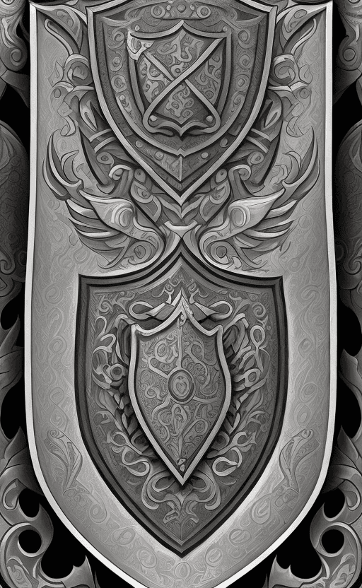 AI generated: A tattoo with A black and gray design incorporating an ornate shield, a sharp sword, and medieval ar...