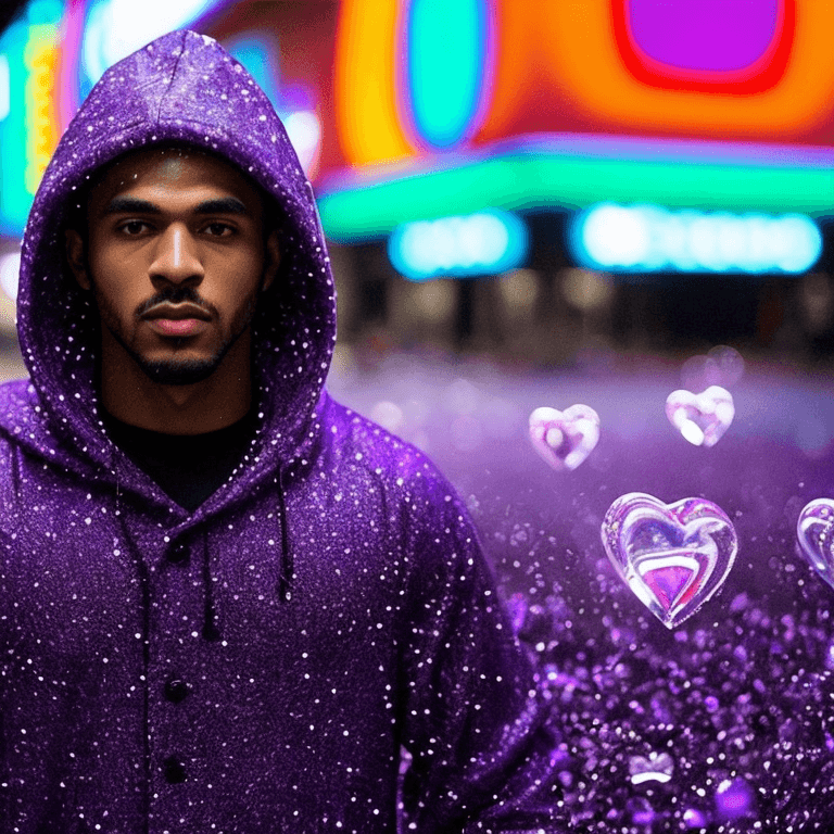AI generated: tilt-shift photo of in style of trap music video grainy closeup still of glowing bokeh, focus on his...