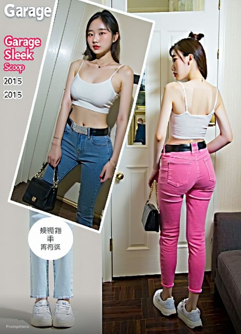 AI generated: size image,, white sneakers,soft thighs, thigt jeans pants,Garage Sleek Scoop Cami long Top Sky Blue...