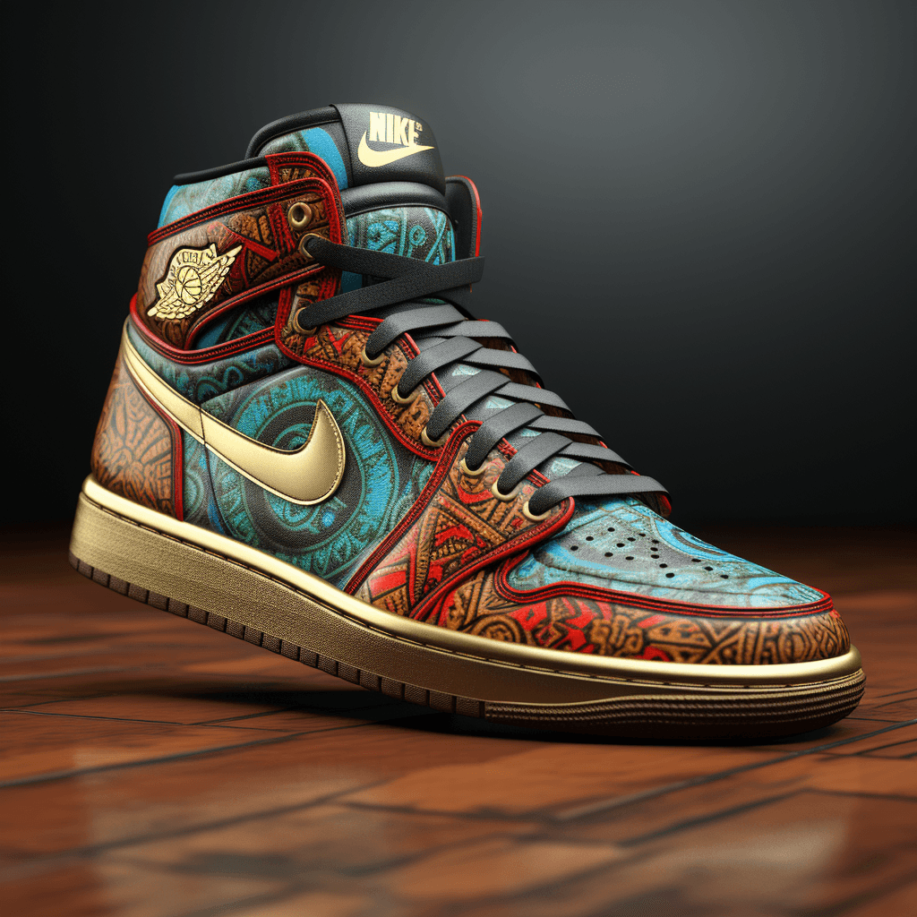 AI generated: 3d physical Nike Air Jordans inspired by Inca's ornament, intricate details, background is Inca's de...