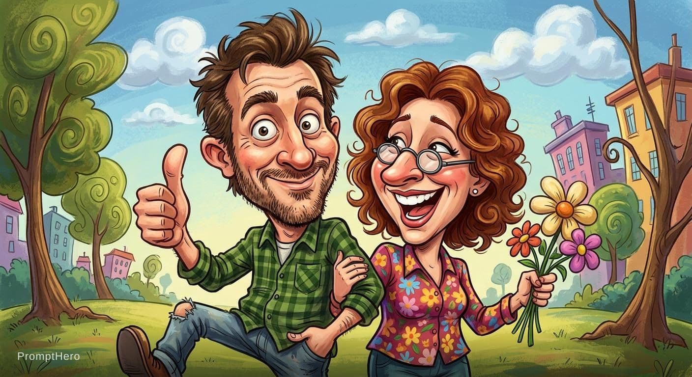 AI generated: funny caricature, adult man and woman (input Image), mid-30's, big cartoonish head, exaggerated cari...