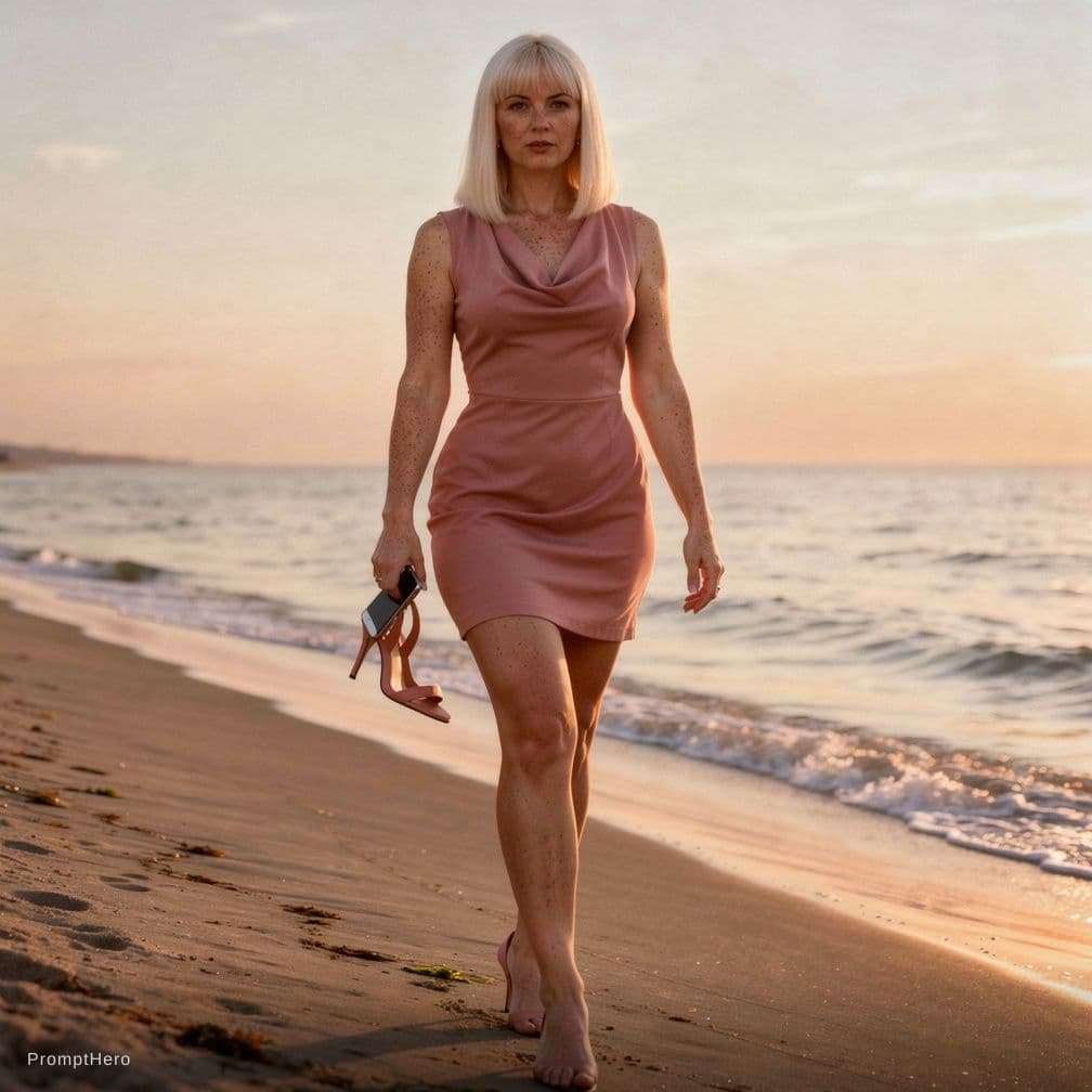 AI generated: Slavic Hot 33 year old Hot mom she Has tall Thick thighs posing while walking in a Beach during suns...