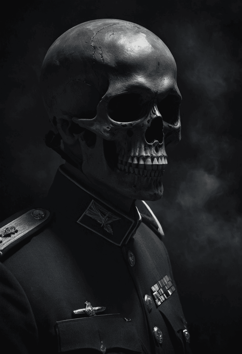 AI generated: A haunting, distant vista reveals a solitary dark figure shrouded in an ominous military uniform. Th...