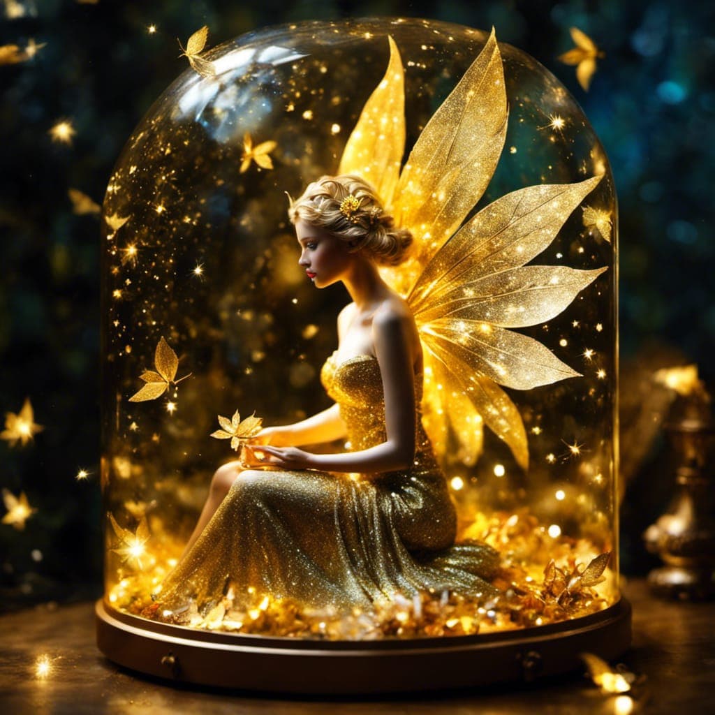 AI generated: By Alexander Jansson || A beautiful bioluminescent golden fae with HUGE golden leaf WINGS, and a bea...