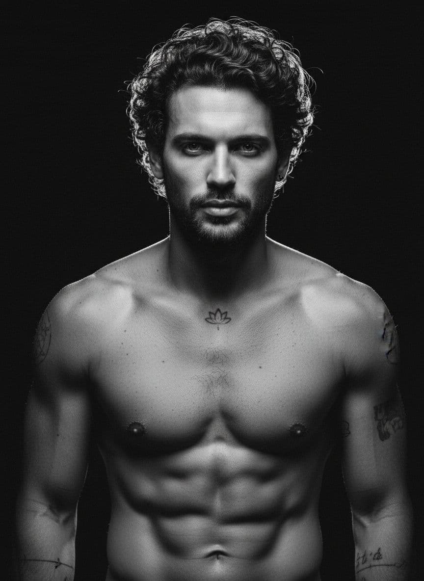 AI generated: black and white photography, fashion editorial, a close up portrait of the model (keep same face sha...