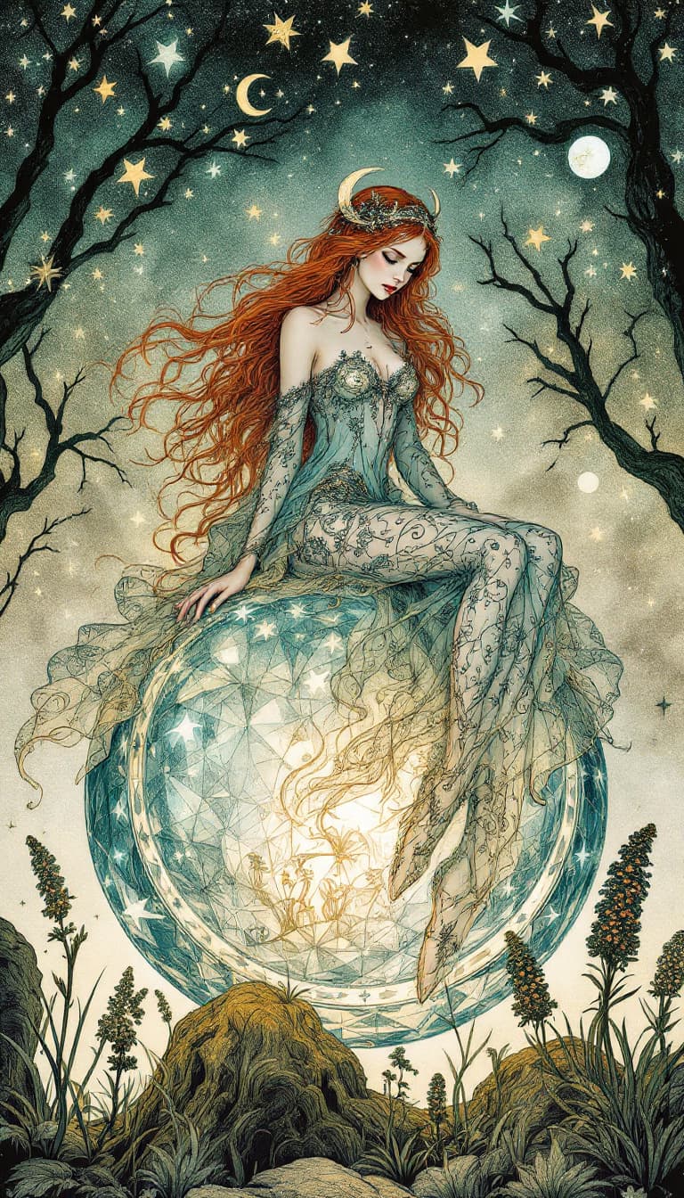 AI generated: A mesmerizing and elaborately detailed drawing of an auburn-haired witch, showcasing grace as she si...