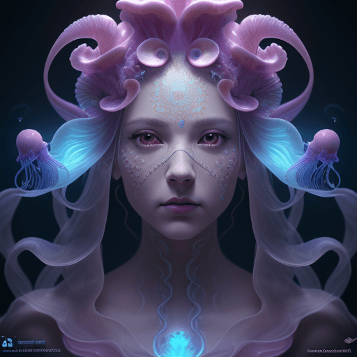 AI generated: Goddess close-up portrait ribcagel. jellyfish phoenix head, nautilus, orchid, skull, betta fish, bio...