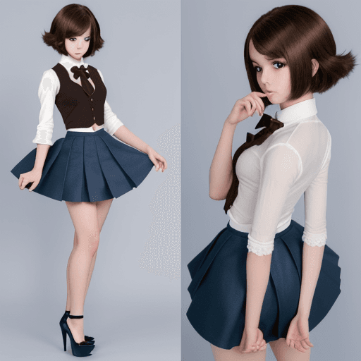 AI generated: anime, femboy, boy that looks like a girl, blue eyes, brown hair, high heels, skirt, anime