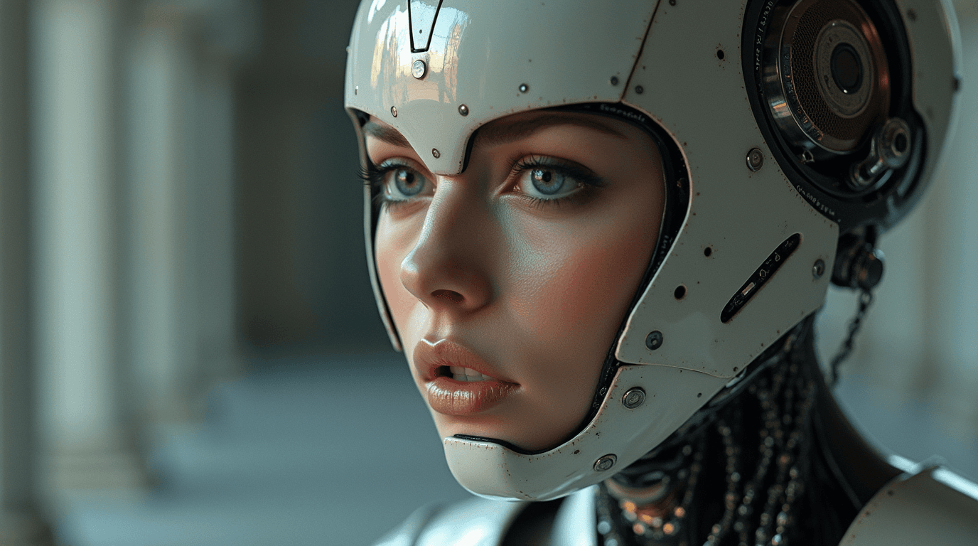 AI generated:  Humanoid droid  half face beautiful women half droid helemt with shiny reflection  body armour piag...