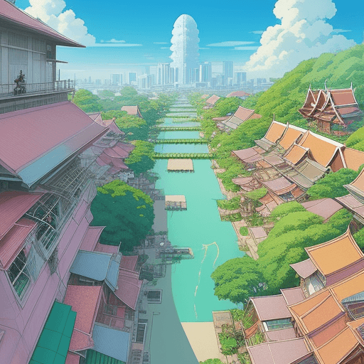 AI generated: perfect anime illustration of a Thai City, art by studio ghibli