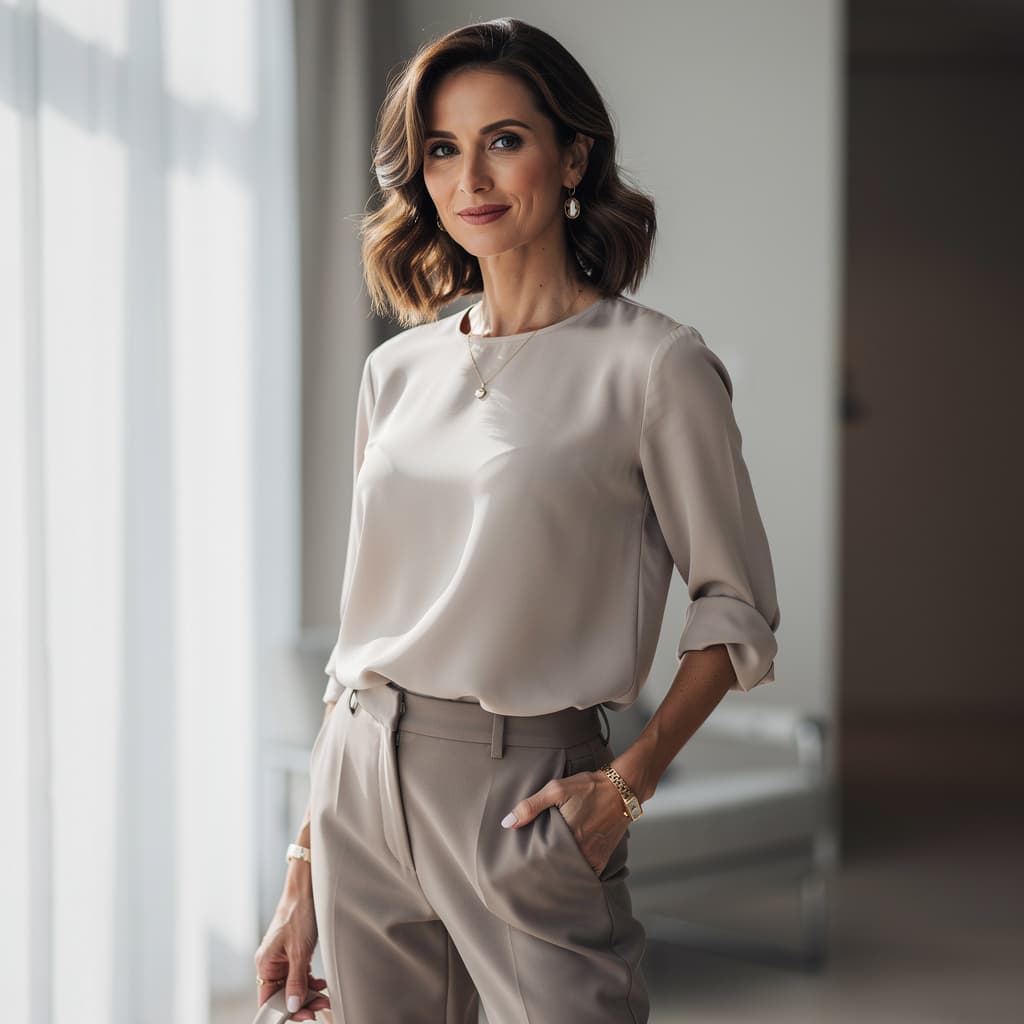 AI generated: a 40-year-old woman, tall, slim, athletic build, medium-length wavy brown hair, elegant.