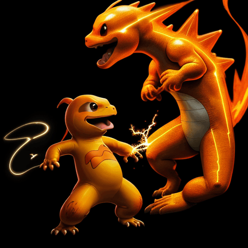 AI generated: an image of charmander and lightning on black background, in the style of kim jung gi, vibrant energ...