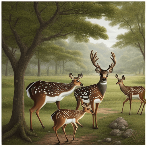 AI generated: Rural artwork with sika deer and ginseng themes

