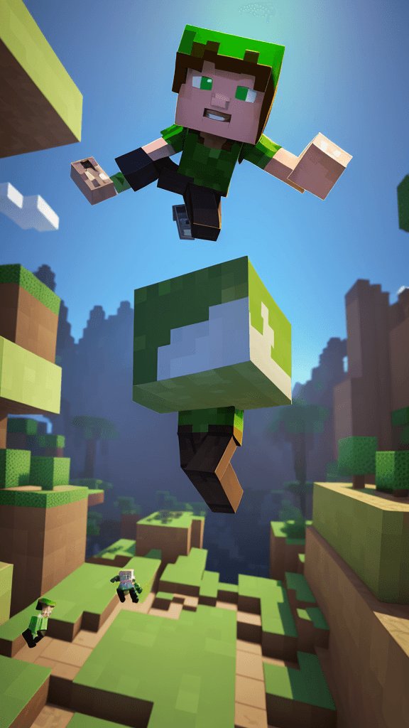 AI generated: 16k srgb 3d minecraft style character boy jumping up in the air, freeze frame caught in the jump, fe...
