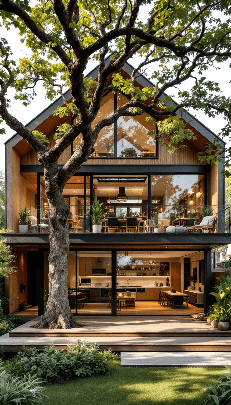 AI generated: A wide-angle shot of a two-story modern cottage house, with the second floor stretching across in wi...