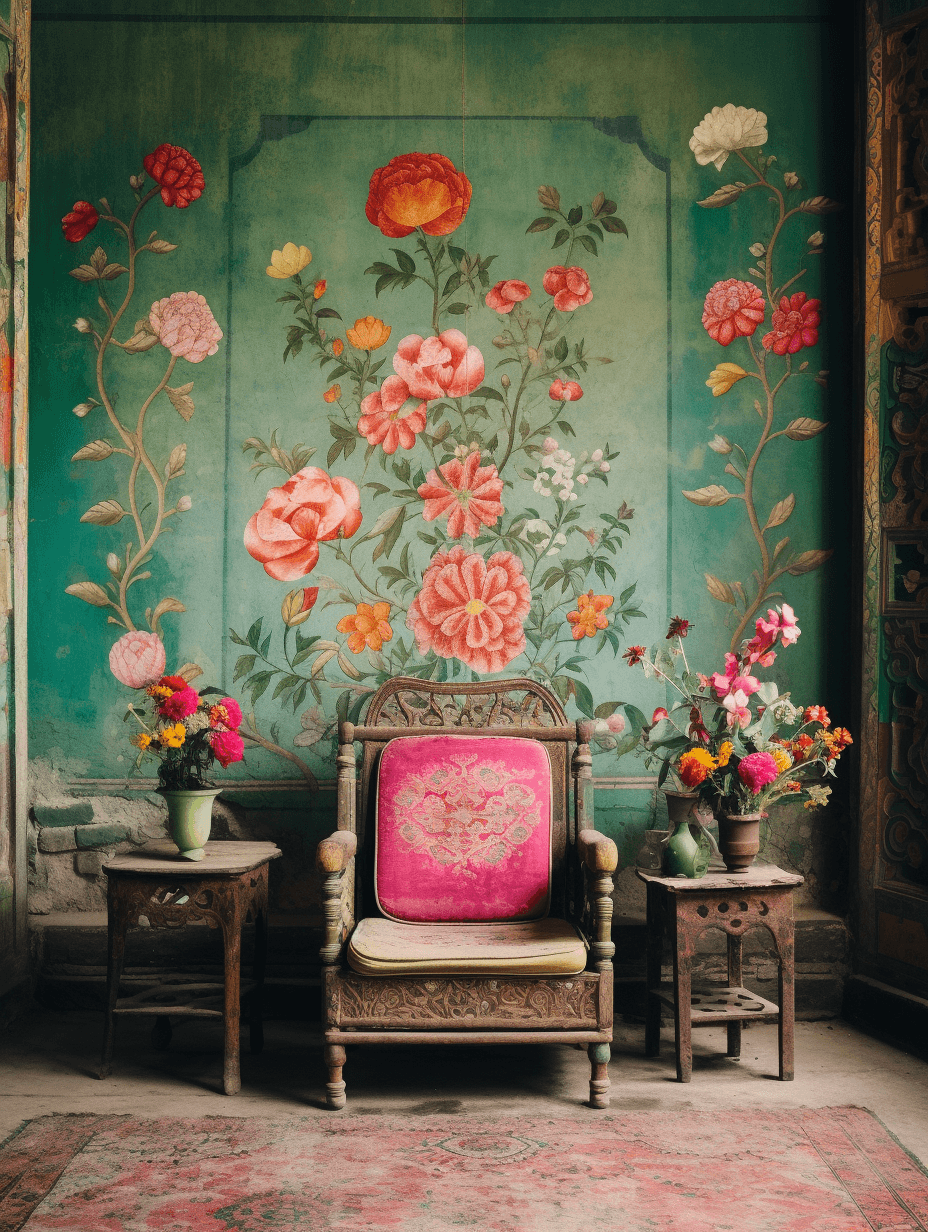 AI generated: colorful murals and cushions are painted on the walls in a room, in the style of kodak aero ektar 17...