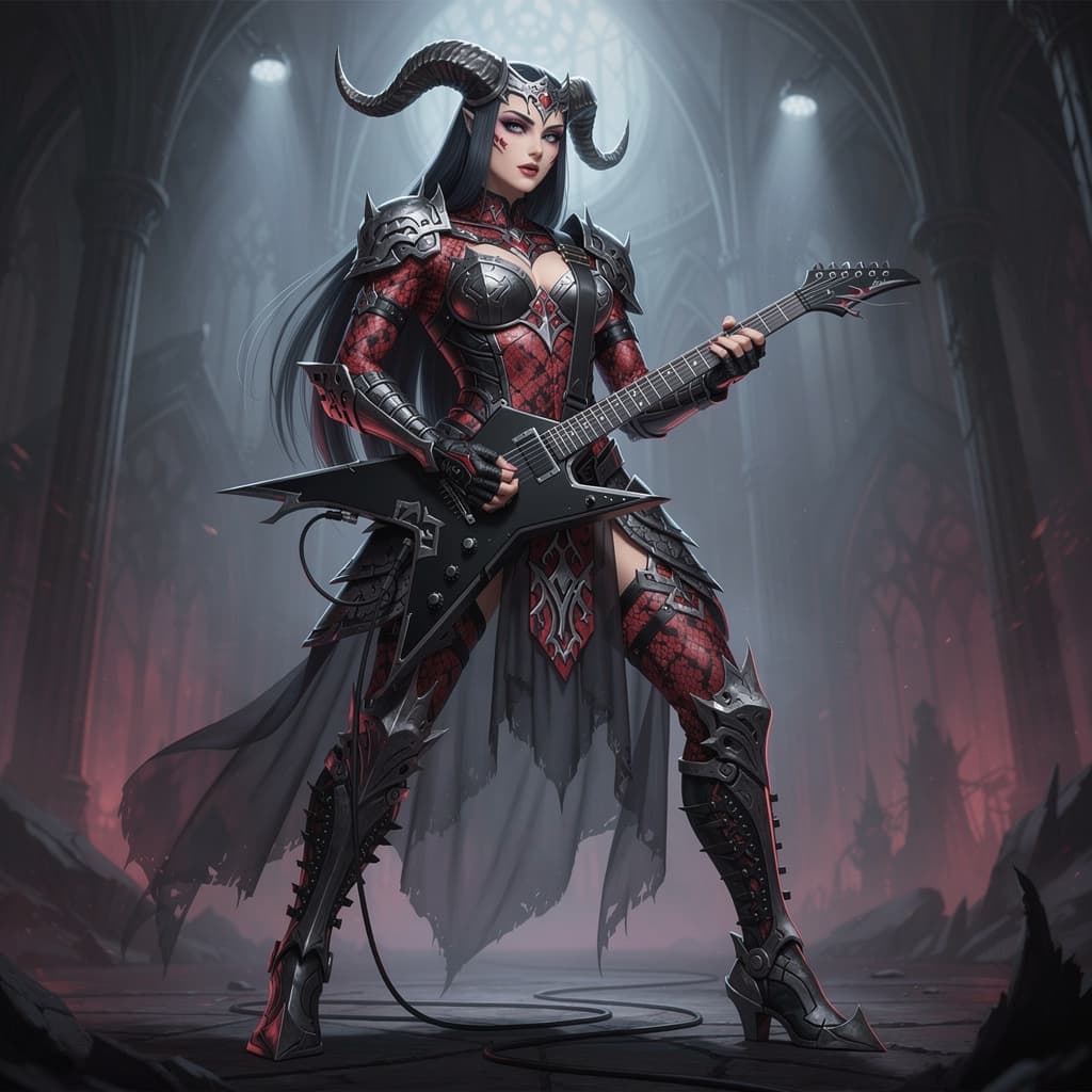 AI generated: @Ardat Lili a female warrior  in an elaborate, fantasy-style armor. resplendent in intricate, red sn...